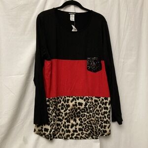 NWT Hemish USA‎ Black, Red & Lepard Long Sleeve Top w/Sequin Pocket - SZ 1XL